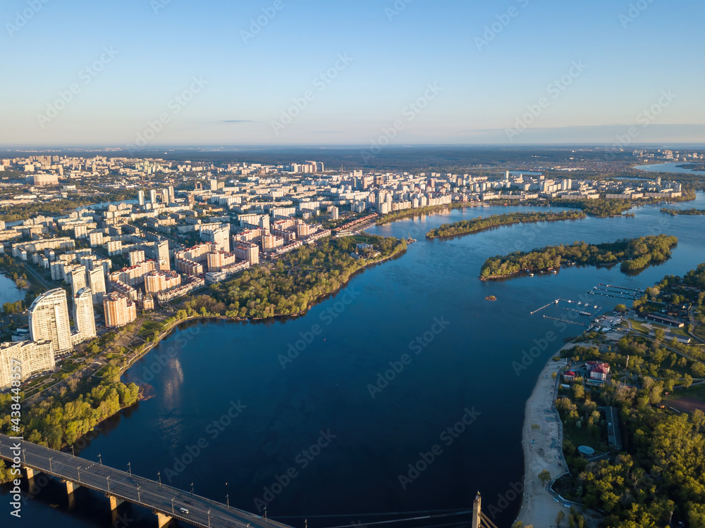 Dnieper River in Kiev. Aerial drone view.