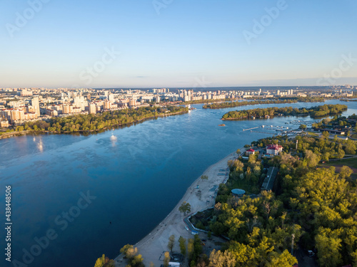 Fototapeta Naklejka Na Ścianę i Meble -  Dnieper River in Kiev. Aerial drone view.