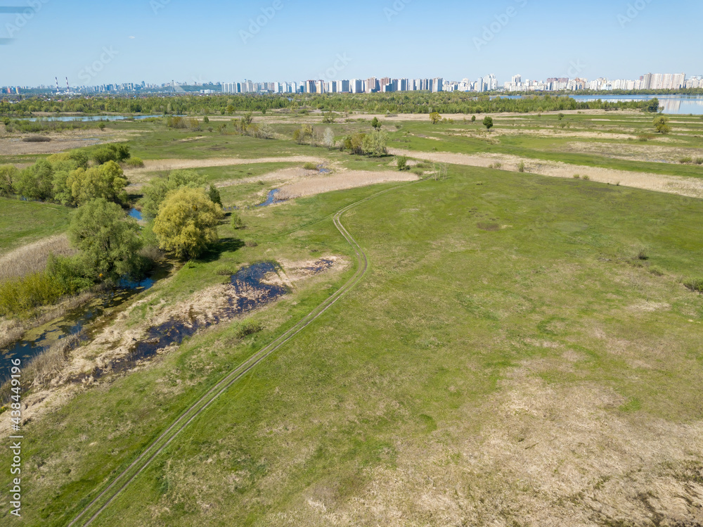 Green meadow. Aerial drone view.