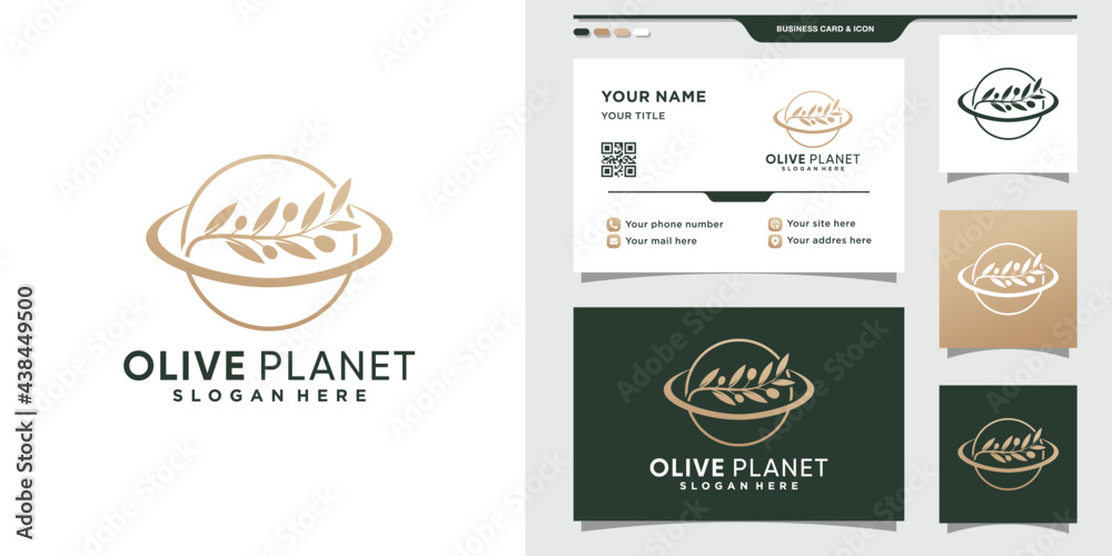 Olive planet logo with line art style and business card design Premium Vector