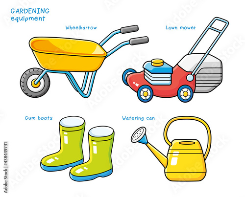 Yellow wheelbarrow isolated, red lawn mower, green wellies gum boots and watering can, gardening equipment.