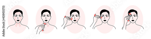 Vector icons set of facial massage by face roller. Woman showing how to apply quartz massager. Skin care instruction, relaxing, lifting procedure. Anti aging massage. Female portrait illustrations