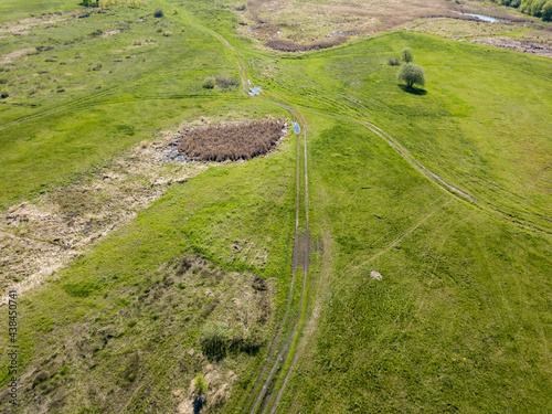 Green meadow. Aerial drone view.