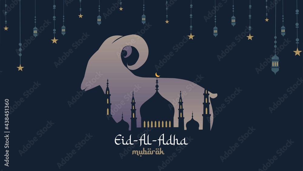 illustration vector graphic of mosque and qoat in silhouette with qlowing lantern for eid al adha mubarak. good for background, banner, card, poster flyer template, etc.