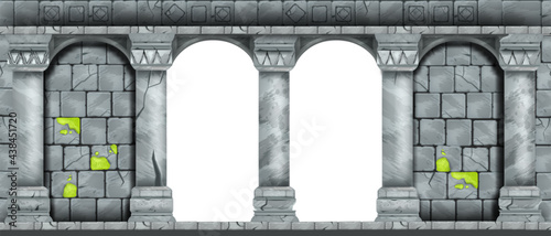 Vector stone arch, ancient marble cracked pillars, brick old castle wall isolated on white. Classic roman columns, palace facade decor background, medieval temple arcade. Classic stone arch frame