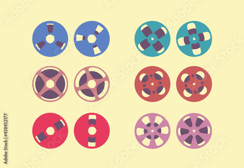 Reel to reel tape set of vintage retro. Different options reels tape magnetic for tape recorder. Analog audio recording. Hi-Fi electronic stereo system. Color flat stock vector illustration isolated  