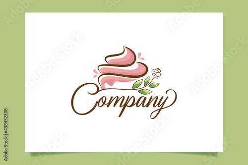 Fresh cake logo vector graphic with a beauty cake, leaves, branch and whisk for any business especially for bakery, cakery, cookies, cafe, etc.