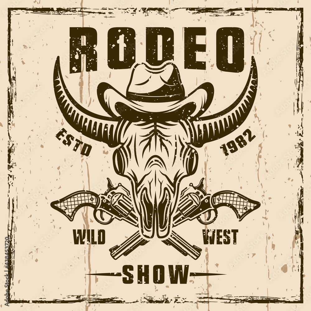 Buffalo skull in cowboy hat and crossed guns colored vector emblem or t-shirt print for rodeo show. Illustration on background with grunge textures and frame vector illustration