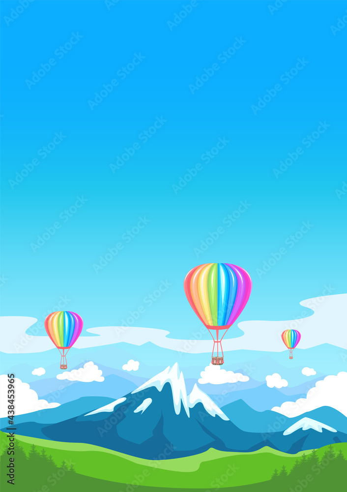 Obraz premium Aerostats flies over mountain peaks and flowering valleys. Hot air balloon in rainbow colors. Bright entertainment and travel. Balloon festival. Vector vertical illustration.