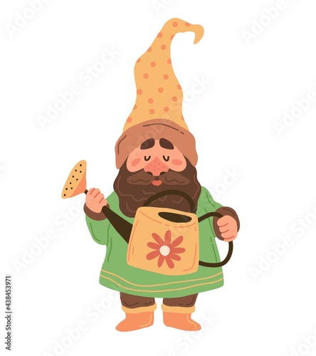 Gnome with watering can. Garden hand drawn cartoon male character in costume and hat. Cute magic fairy tale standing dwarf, fantasy decor element. Vector isolated on white illustration