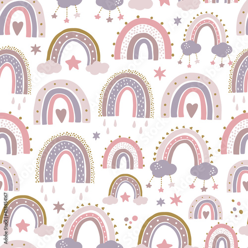 cute seamless pattern with rainbows and unicorns for nursery textile, wallpaper, scrapbooking, wrapping paper, kids apparel, etc. Scandinavian decor.