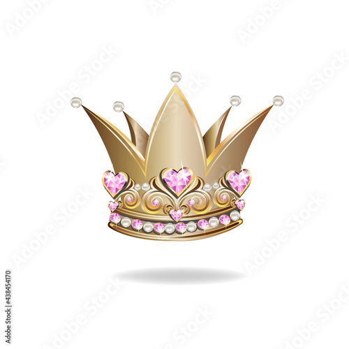Princess crown or tiara with pearls and pink gems in the shape of a heart vector illustration isolated on white background.
