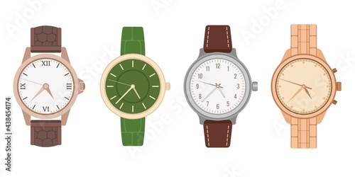 Watch wrist. Mens and womens mechanical watches with different bracelets and straps. Modern and vintage gold and silver accessory, fashion collection. Vector isolated realistic set