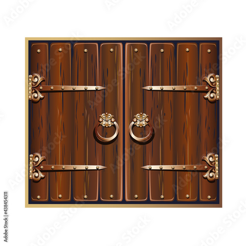 Ancient gate decorated with iron. Fairy tale door to a magic castle. Cartoon style. Vector illustration