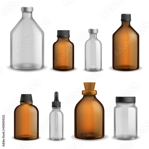 Glass bottles medical set. Realistic brown and transparent blank packaging collection, pharmacy syrup drugs 3d container, aromatherapy essential oil and cosmetic flasks. Vector isolated set