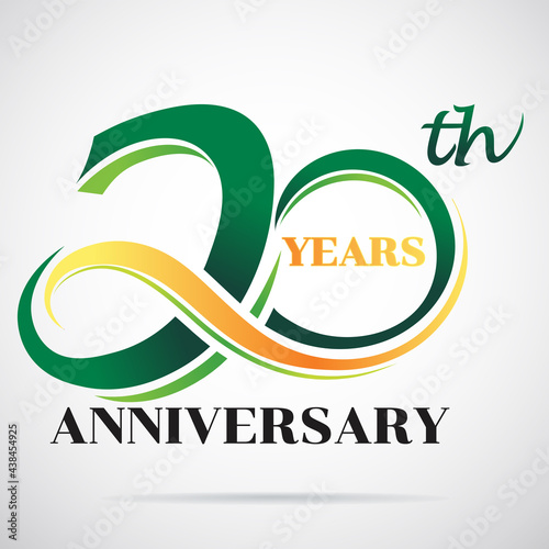 20 years anniversary celebration logo design with decorative ribbon or banner. Happy birthday design of 20th years anniversary celebration.