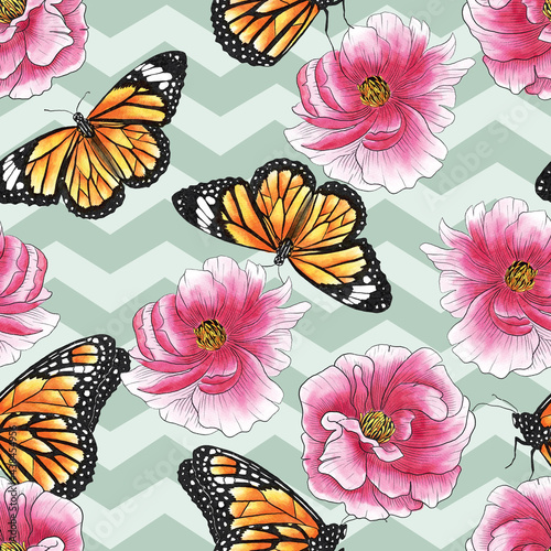 Watercolor Pink Flowers and Monarch Butterfly on Green Chevron Background Seamless Pattern