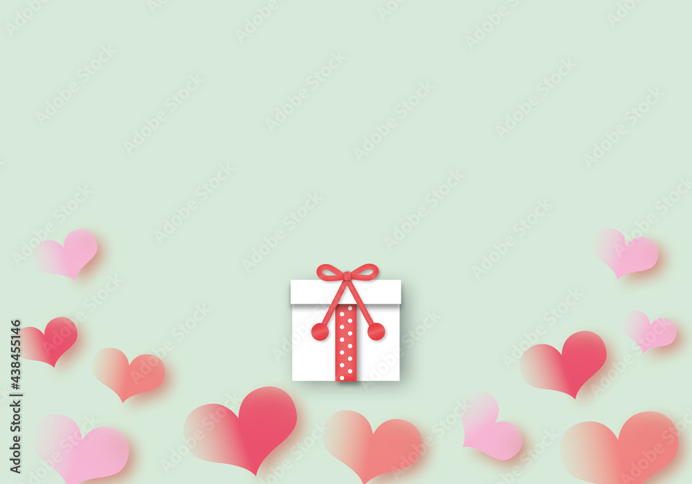 White gift with colourful hearts on pastel green background, Valentine’s day, Birthday, Women’s day, Mother’s day, Father’s day, Wedding, poster, love concept, paper cut style.
