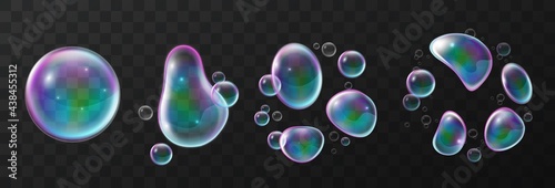 Soap bubble deformation. Realistic transparent balls with rainbow reflexes, disintegration phases into parts, objects division. Glossy round magic foam spheres collection, vector isolated set