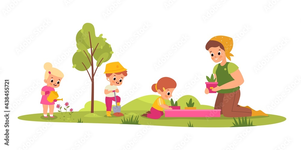 Children botany lesson. Young students with teacher learn take care plants, little gardeners, woman with girls and boy water flowers. Summer landscape, vector cartoon isolated concept