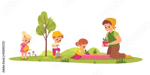 Children botany lesson. Young students with teacher learn take care plants, little gardeners, woman with girls and boy water flowers. Summer landscape, vector cartoon isolated concept