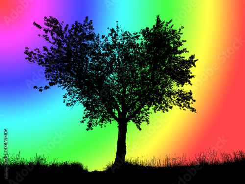Silhouette eines Kirschbaums auf Wiese stehend Hintergrund, Regenbogenverlauf in rosa, blau, grün, gelb, rot  ,poppig © Petra