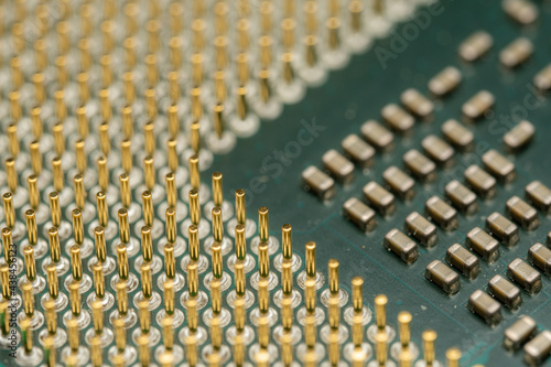 Closeup of old CPU Computer Processor with pins  and green PCB