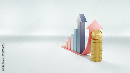Financial growth and business success concept.arrow up with golden coin dollar on blue background.concept of strategy of profit or benefit making in business.ready to use.illustration and 3d rendering