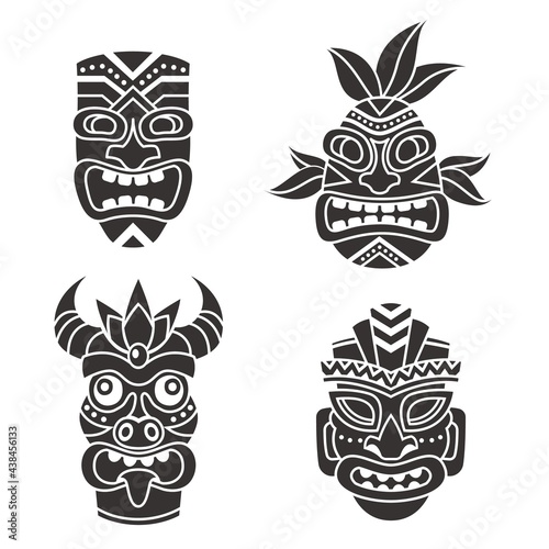 Mask idol. Ritual black totem tribal face masks, god tiki african culture. Ethnic mayan, aztec and polynesian aboriginal symbols. Ancient tropical religion statue vector isolated set