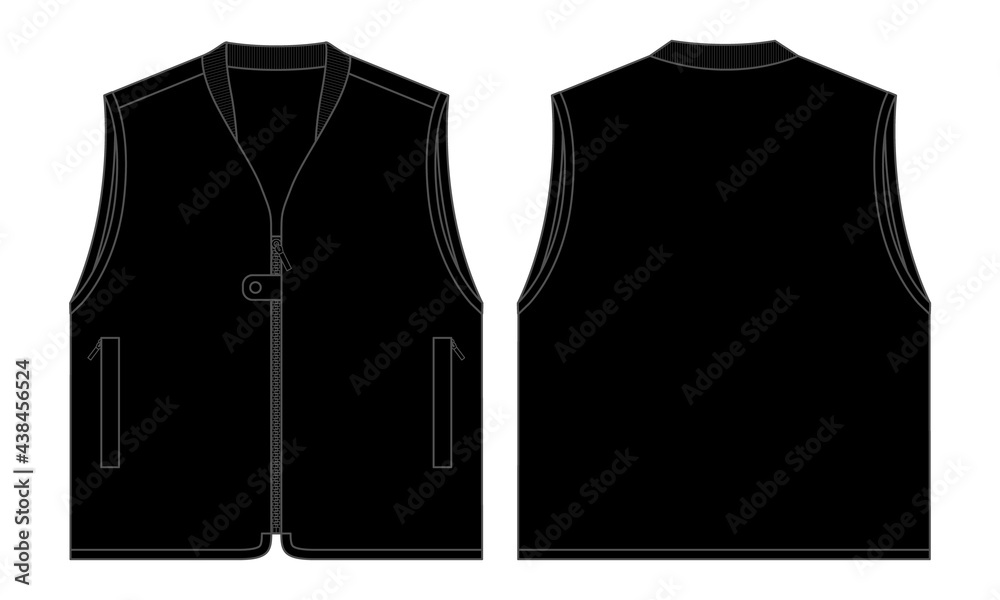 Black Vest Template Vector On White Background.Front and Back Views