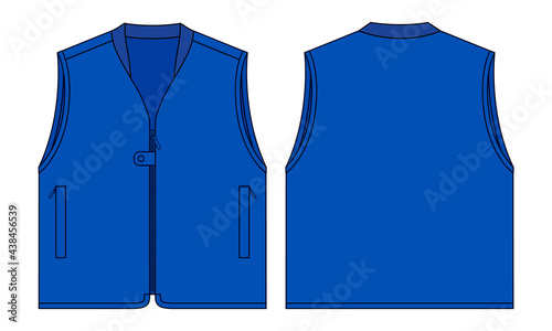 Blue Vest Template Vector On White Background.Front and Back Views.