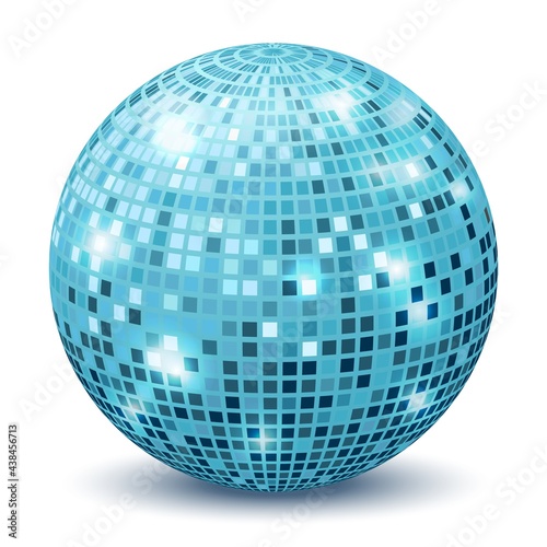 Realistic disco ball. Reflection sphere mirrored dance party silver blue glitter. Retro halo rays, shining bright celebration mirrorball vector 3d isolated on white illustration