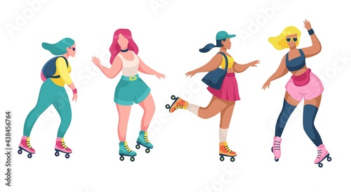 Roller skating girls. Young women roller skates, rollerblading teenager active trendy leisure time outdoors, female characters in colorful clothes, extreme sport in park vector isolated set