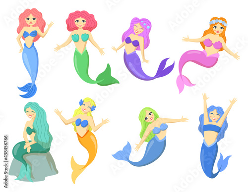 Cute mermaid illustrations in cartoon style. Set of beautiful mythological female creatures. Underwater beings smiling, dancing and cheering. Fairytale concept for advertisement of banners design