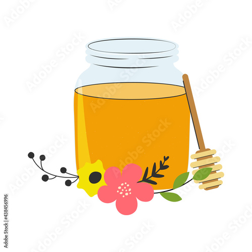 Cartoon honey jar on white background. Vector illustration.