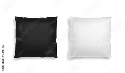 Pillow black and white. Realistic comfort orthopedic square soft pillows mockup. Textile cushion for branding, advertise and presentation 3d single front view template vector illustration