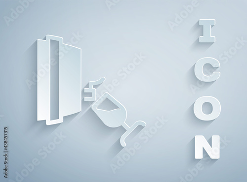 Paper cut Wine tasting, degustation icon isolated on grey background. Wooden barrel for wine with glass. Paper art style. Vector