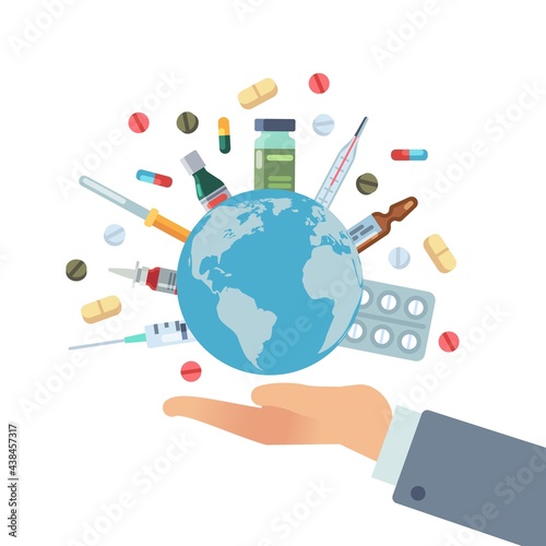 Global pharmaceuticals. Hand hold earth globe with pills vaccines and drugs, different bottles and syringes, world medicine banner vector concept, cartoon isolated on white illustration