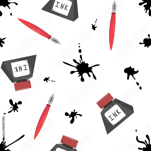 Pen and ink set seamless pattern. Hand drawn vector. Pens and ink collection isolated over white background.