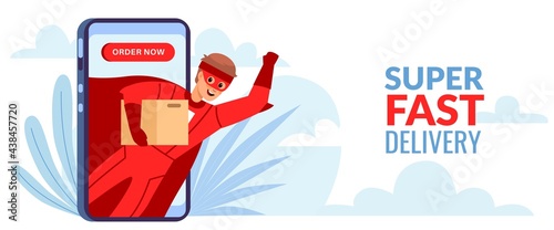 Super delivery. Man in superhero suit with cardboard box on smartphone screen, male character fast and express shipping parcels, order now horizontal poster. Vector cartoon concept