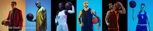 Collage of male and female basketball players, fit people isolated on blue background in neon light.