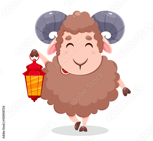 Eid Al Adha Mubarak greeting card. Cartoon sheep