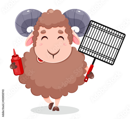 Eid Al Adha Mubarak greeting card. Cartoon sheep