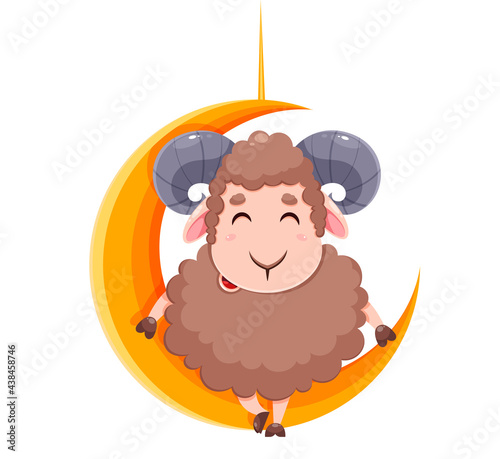 Eid Al Adha Mubarak greeting card. Cartoon sheep