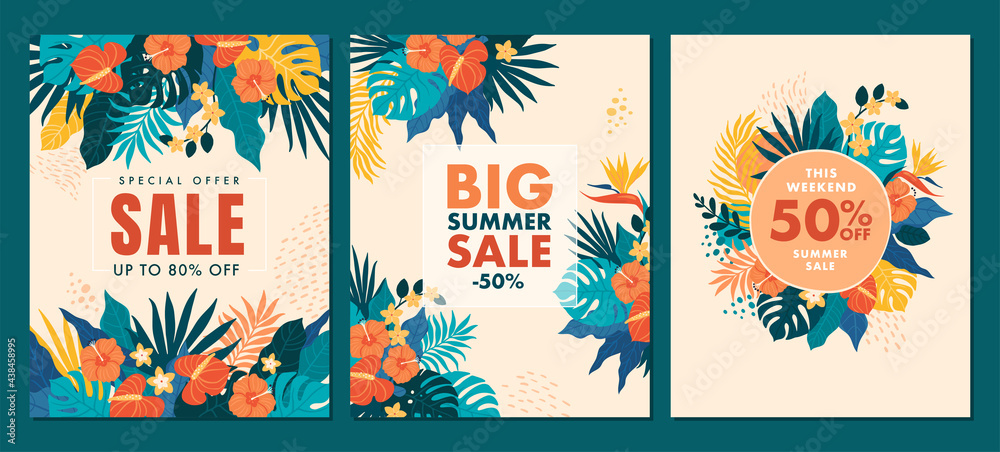 Summer sale banner templates.Vector illustration of three bright floral backgrounds made of tropical leaves and flowers. Also well suitable for advertising or invitation layouts