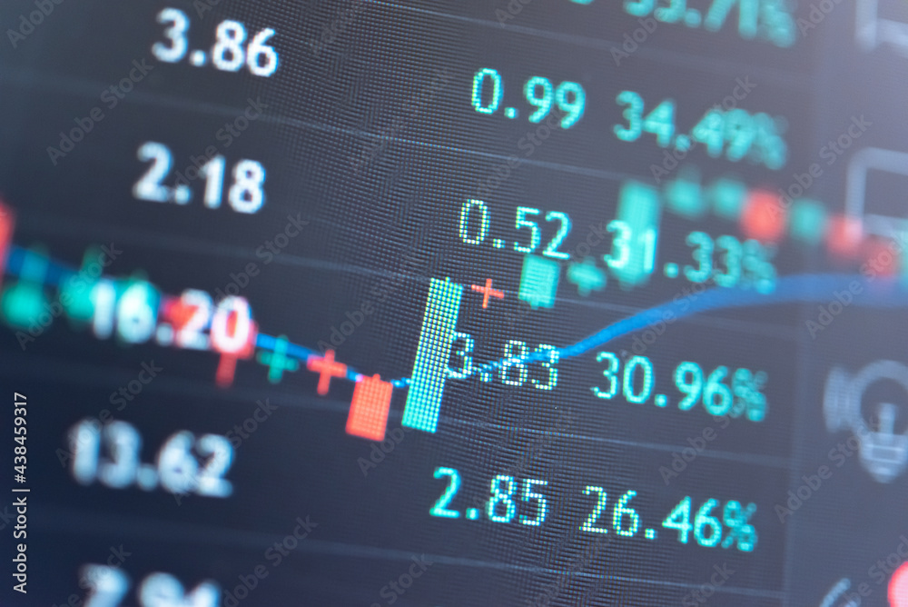 Obraz premium Abstract financial trading graphs and digital number of foreign exchange market trading on monitor. Background of gold and blue digital chart to represent stock market trend.