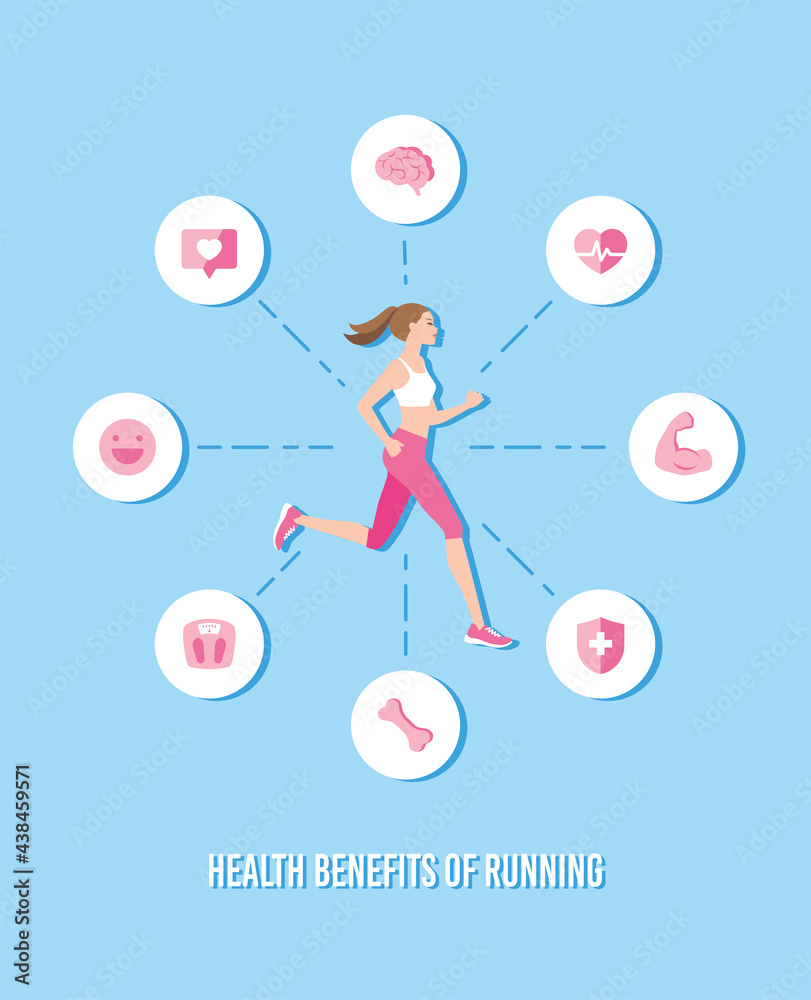 Running woman and useful activity, icons. Sportive girl runs, training