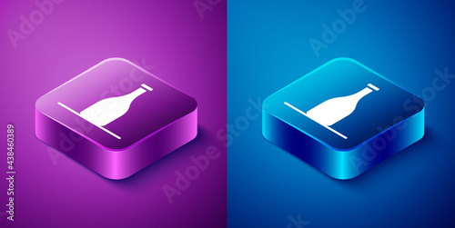 Isometric Bottle of wine icon isolated on blue and purple background. Square button. Vector