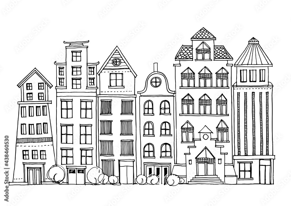 Cartoon hand drawing houses,doodle cute houses. Outline vector drawing