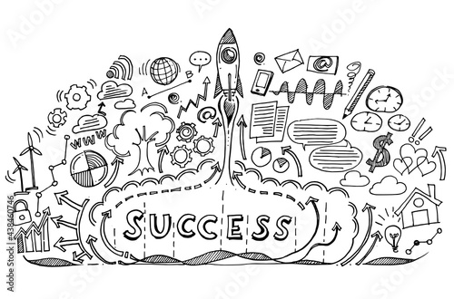 Start up rocket with business success doodle clouds.Doodle image. 